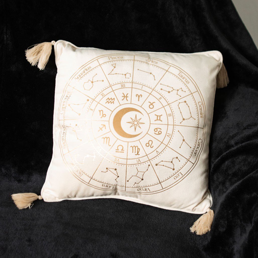 Astrology Off White Velvet Wheel Square Polyester Cushion