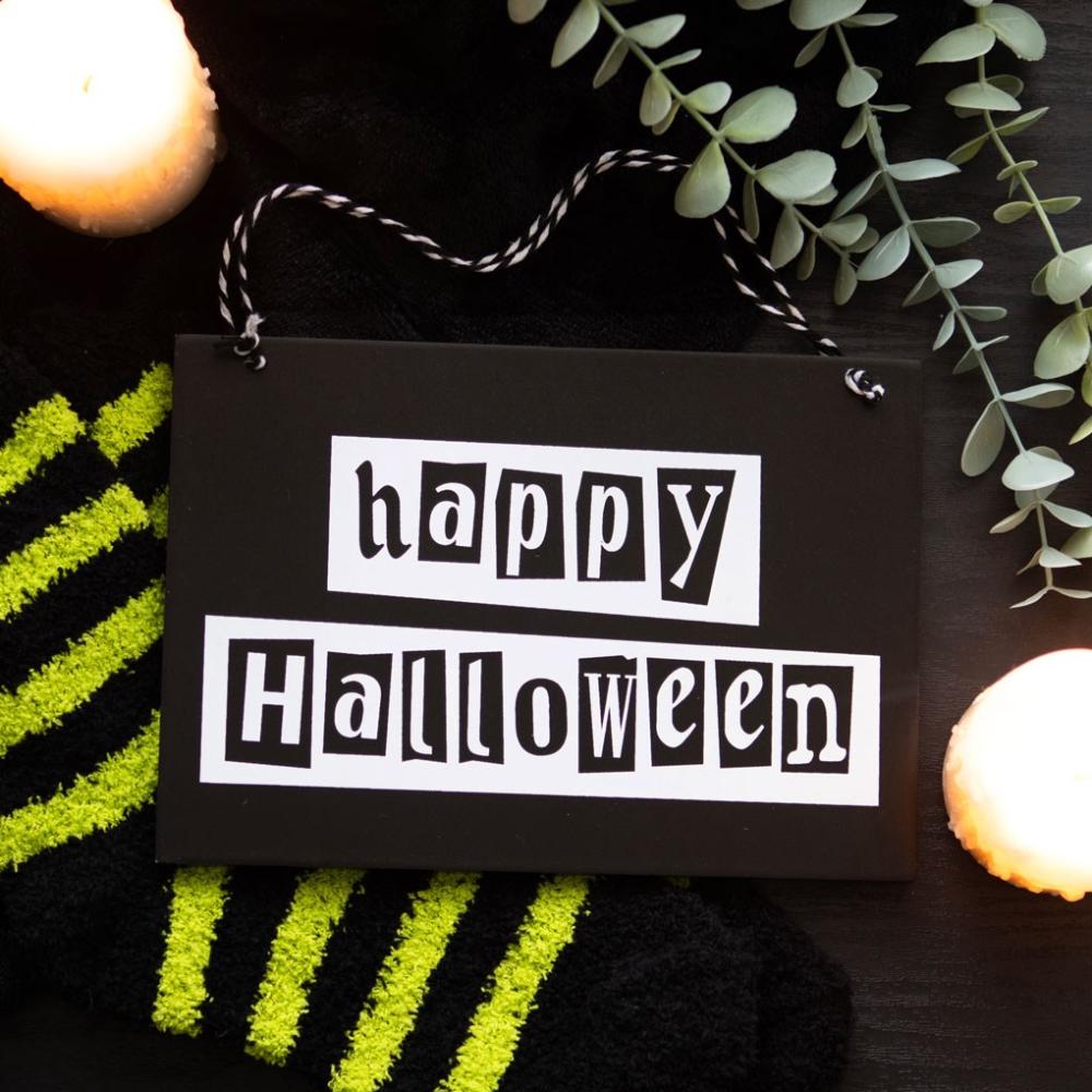 Happy Halloween Black And White Hanging Mdf Sign