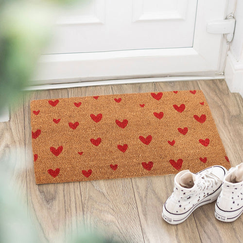 Red Love Heart Natural Coir Doormat 40cm x 60cm