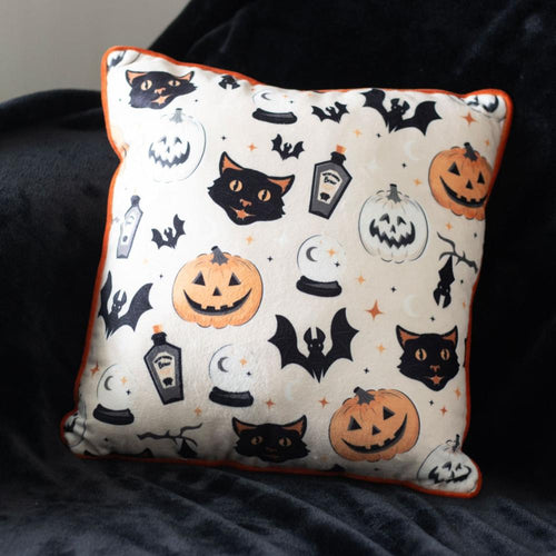 Square Spooky Cat and Pumpkin Print Polyester Cushion