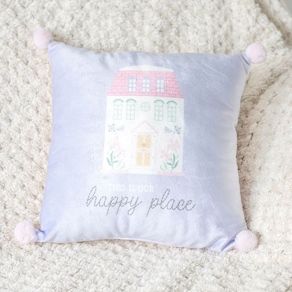 This Is Our Happy Place Square Polyester Cushion With Pom Poms